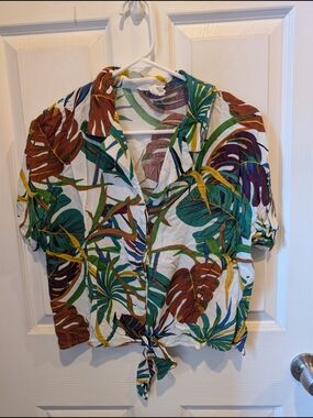 For The Republic White Tropical Leaf Button Top with Yellow & Green Accents